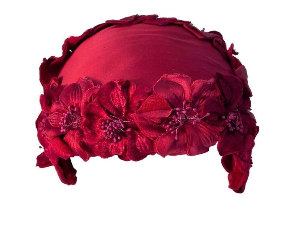 Vintage 1960s Red Satin Hat Velvet Flowers Fascinator